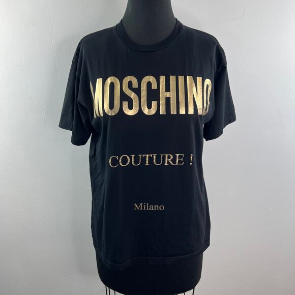 MOSCHINO Couture Black Gold Top Cotton Crew Neck Straight Hem Pullover Size XXS - Picture 2 of 9